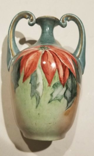 One Of A Kind Hand Painted Bavria Porcelain Vase Poinsettia Design,  Signed