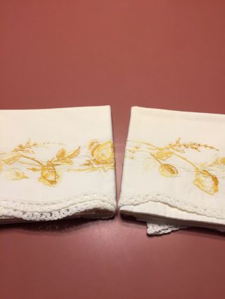 Vintage Pillowcases White Set Of 2 Hand Embroidered Yellow Roses