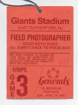 Media Credential: Usfl - 1983 - Nj Generals Vs Michigan Panthers At Giants Stad.