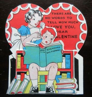 Vintage Die Cut Fold - Down Valentine Card Boy Reading Dictionary; No Words To Say