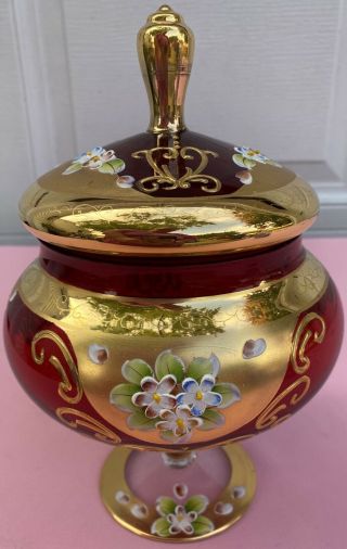 Antique Victorian Red Glass Floral Hand Painted Candy Dish W/lid & Heavy Gold Ec