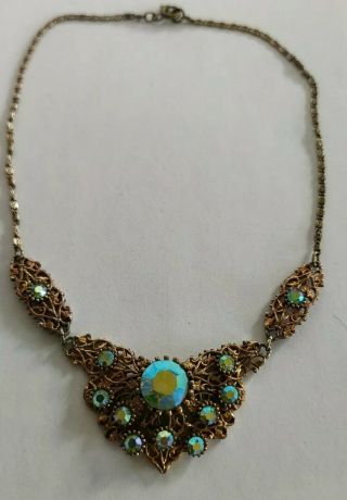 Vintage Aurora Borealis Czech Filigree Necklace