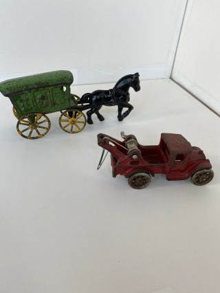 Vintage Cast Iron Toys - Horse Drawn Cart And Roade Tow Truck - Retro/antique