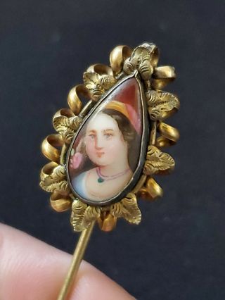 Antique Porcelain Gold Toned Hand Painted Stick Pin