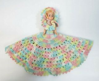 Vintage Handmade Crafty Crochet Blue Pink Yellow Pretty Doll Toilet Paper Cover