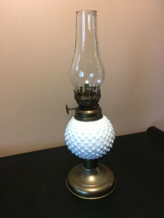 Vintage Mini Oil Lamp Brass Hrdwre White Hobnail Globe Hong Kong 10 Inches