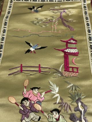 Antique Vintage Chinese Embroidered Silk Wall Hanging Panel Floral Birds 23 " X11 "