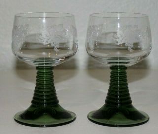2 Vintage Schott Zwiesel Green Ribbed Stem Wine Glass Goblets Etched Grape White
