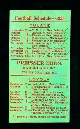 1935 Tulane Green Wave College Football Card Schedule (w/loyola Schedule)