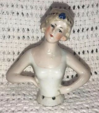 Antique German Porcelain Half Doll Pincushion Mirror Brush Handle Figurine 6099