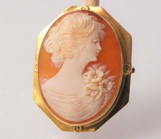 Antique Vintage 10k Gold Carved Shell Lady Cameo Pin With Flowers 5.  1 Grams