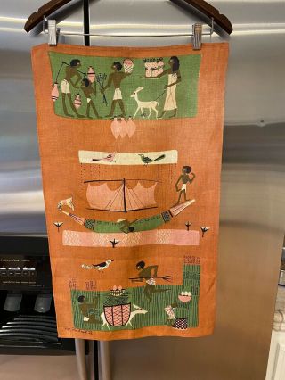 Nos Vintage Linen Tea Towel - Pat Prichard 1955 Egyptian Scenes - Green,  Mauve,  Pink