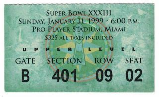 Bowl Xxxiii Ticket Stub January 31,  1999 Denver Broncos Vs Falcons 80190