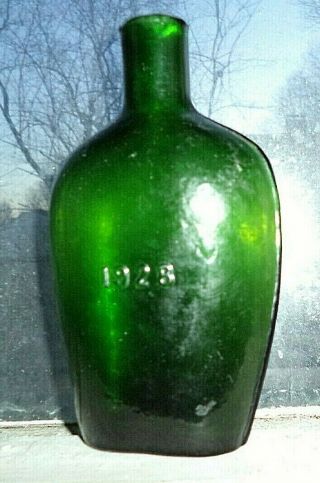 Unusual Antique Green Glass Flask Bottle Embossed 1928