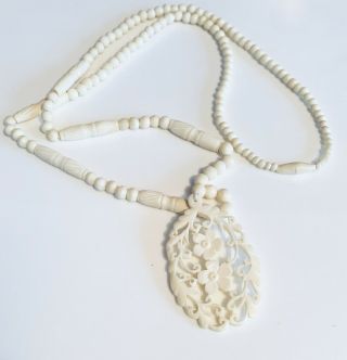 Vintage Bovine Bone? Bead Necklace,  Carved Pendant & Screw Clasp