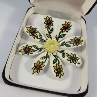 Vintage Mid - Century Signed West German Metal And Enamel Flower Brooch Pin