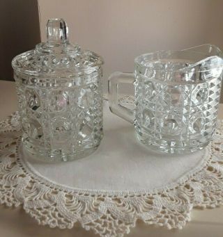 Vintage Clear Glass Sugar Bowl With Lid And Creamer Set