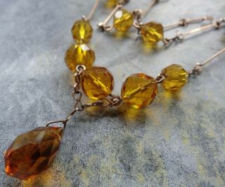 Vintage Art Deco Amber Glass Bead Gold Filled Wire Chain Necklace - C734
