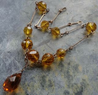 vintage art deco amber glass bead gold filled wire chain necklace - C734 2
