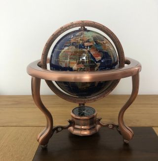 Rotating Semi Precious Gemstone Inlay World Globe Brass Stand Compass 7.  5 Inches