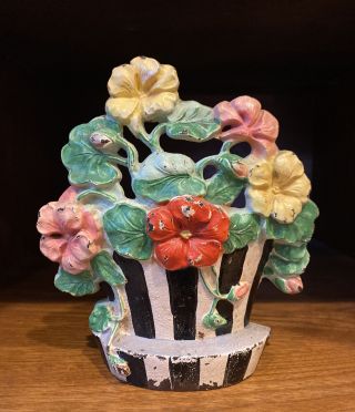 Vintage Antique Cast Iron Doorstop Flower Pot With Nasturtium Flowers 221