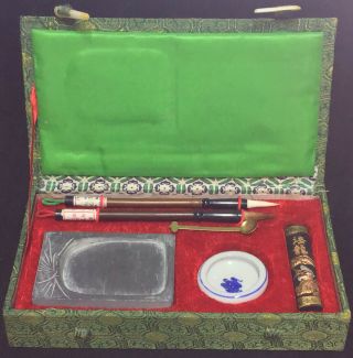 Vintage Chinese Calligraphy Writing Set Brushes Block Ink Stone Collectable