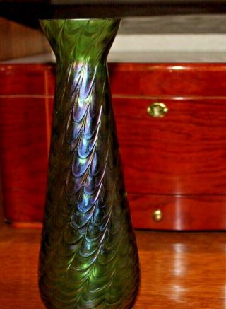 Antique Green Loetz Iridescent Art Glass Vase Czech