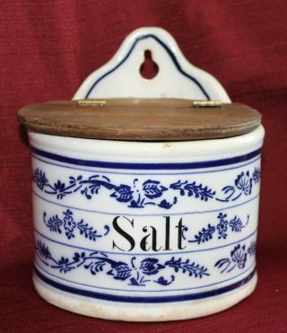 Old Antique Blue Onion Pattern Porcelain & Wood Salt Box W/ Lid Germany 7812