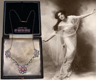 Antique Art Deco Bohemian Czech Opal Glass Diamond Paste Necklace Sterling Chain