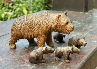 Antique Black Forest Mother Bear And 4 X Cubs
