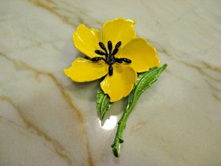 Vintage 50s 60s Enamel Flower Brooch Pin Yellow Enamel Metal Flower Brooch Pin