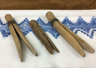 Vintage Set Of 3 Wooden Clothespins Antique Laundry Clothes Pins