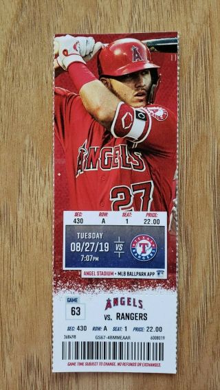 Los Angeles Angels 2019 Mike Trout Home Run 283 Full Ticket Stub 8/27/19