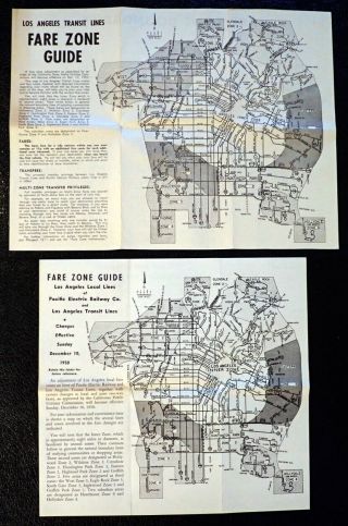 2 Maps 1950 Fare Zone Guide Pacific Electric Railway / Los Angeles Transit Lines