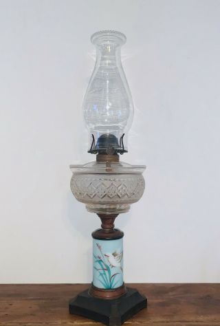 Antique 1800’s Eagle P&a Mfg Hand Painted Milk Glass Queen Anne Oil Lamp 20.  75”