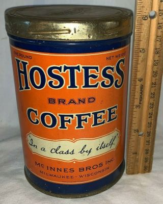 Antique Hostess Coffee Tin Litho 1lb Can Milwaukee Wi Old Country Store Grocery