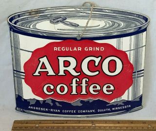 Antique Arco Coffee Can Hanging Country Grocery Store Sign Keywind Tin Duluth Mn