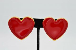 Vintage Statement Earrings Metal Large Heart Bright Red Enamel Valentine 