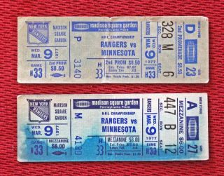 2 Mar.  9,  1977 Ny Rangers Vs Minnesota North Stars / Msg / Nhl Complete Tickets
