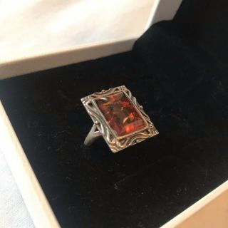Ornate Frame Vintage Solid 9.  25 Sterling Silver Real Amber Ring Size P - 7 Square