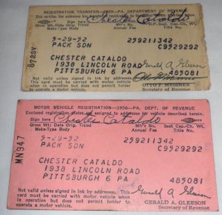1952 Packard Sedan Automobile Motor Vehicle Registration Cards 50s Pennsylvania
