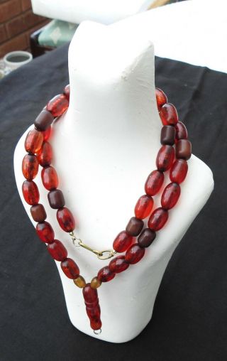 Antique Vintage Cherry Red Bakelite & Amber Barrel Bead Necklace 60 Gm & 66cms