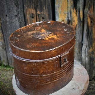 Antique Vintage Edwardian Hat Box Storage Metal Tin Box Travel Display Prop