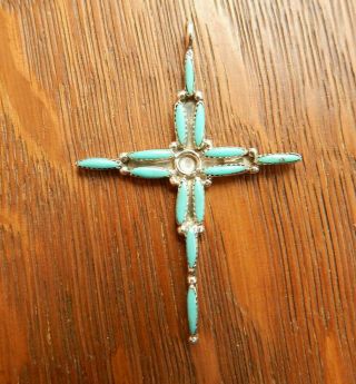 Vintage Zuni Turquoise Petit Point Cross Sterling Silver Signed Necklace Pendant