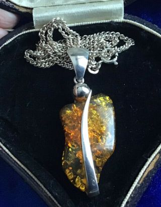Fine Antique Art Deco Solid Silver & Large Real Natural Amber Pendant & Chain