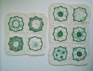 Set Of 2 Vintage Handmade Crochet Doilies Ivory/green 12.  5 " X 8 " And 8 " Square