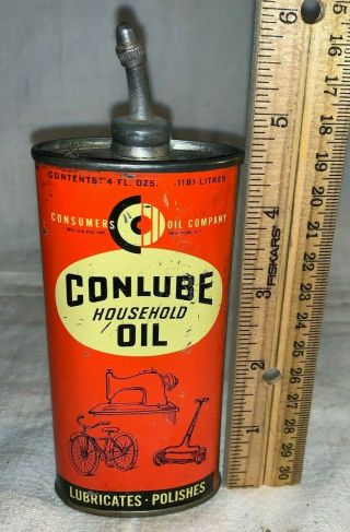 Antique Conlube Household Oil Tin Litho Handy Oiler Can Lead Top Bike Sewing Gun