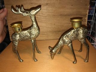Set Of 2 Vintage Brass Deer Buck & Doe Figures Candle Holders,  Candlesticks