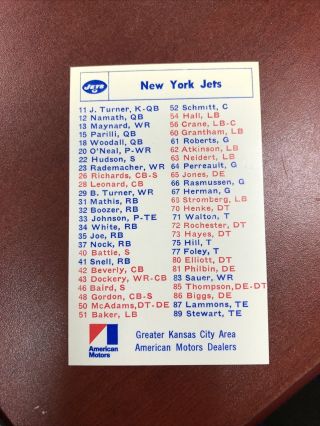 1969 York Jets Afl Football Roster Schedule Joe Namath Amc Kc Dealers