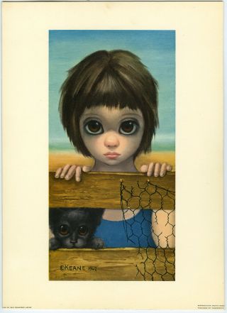 1962 Vintage Margaret Keane Fine Art Big Eyes Print Waif Girl & Kitty Haunting